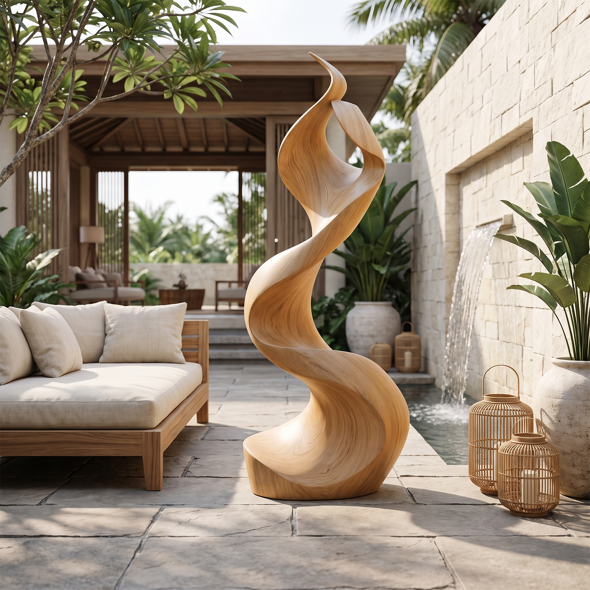 Large Solid Wood Abstract Sculpture with Flame-Inspired Curves in Oak finish