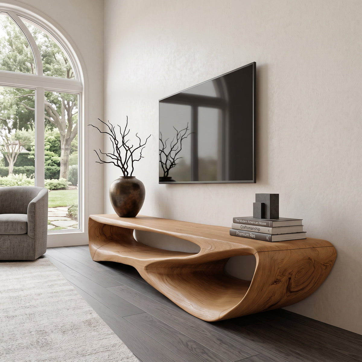 Curved Solid Wood Low TV Console with Open Center in Oak finish