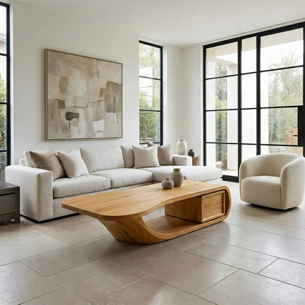 Modern Sculptural Wood Coffee Table with Curved Silhouette in Oak finish