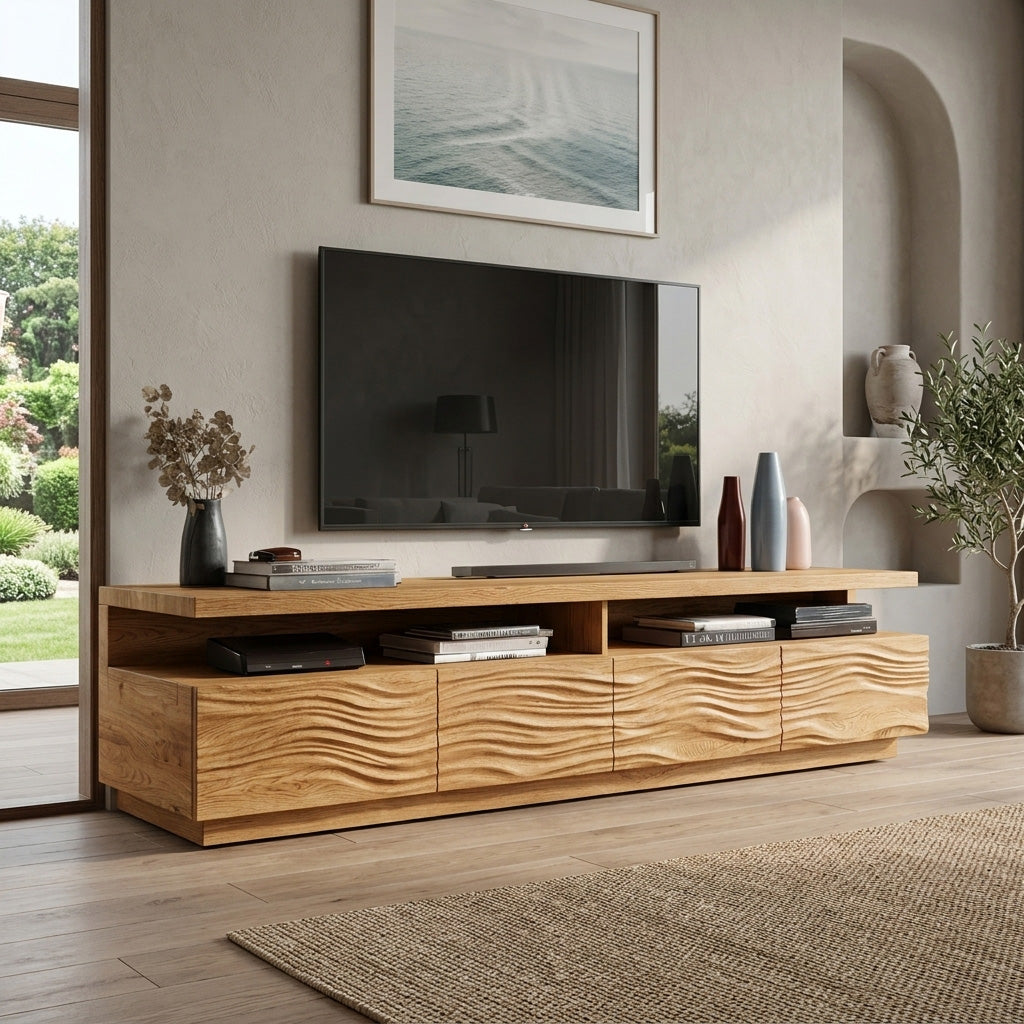 Solid Wood TV Stand with Wave Carved Storage Cabinets in Oak finish