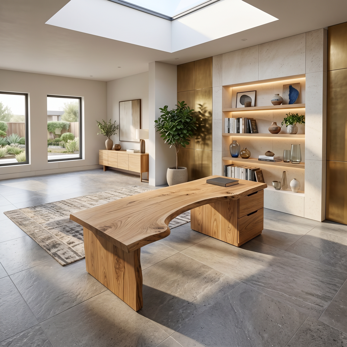 Organic Live Edge Solid Wood Desk with Built-In Drawers in Oak finish