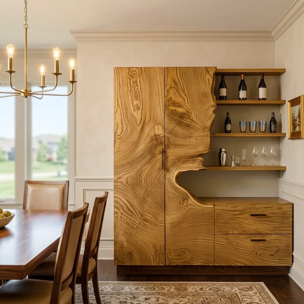 Carved Solid Wood Bar Cabinet with Wine Storage in Oak finish