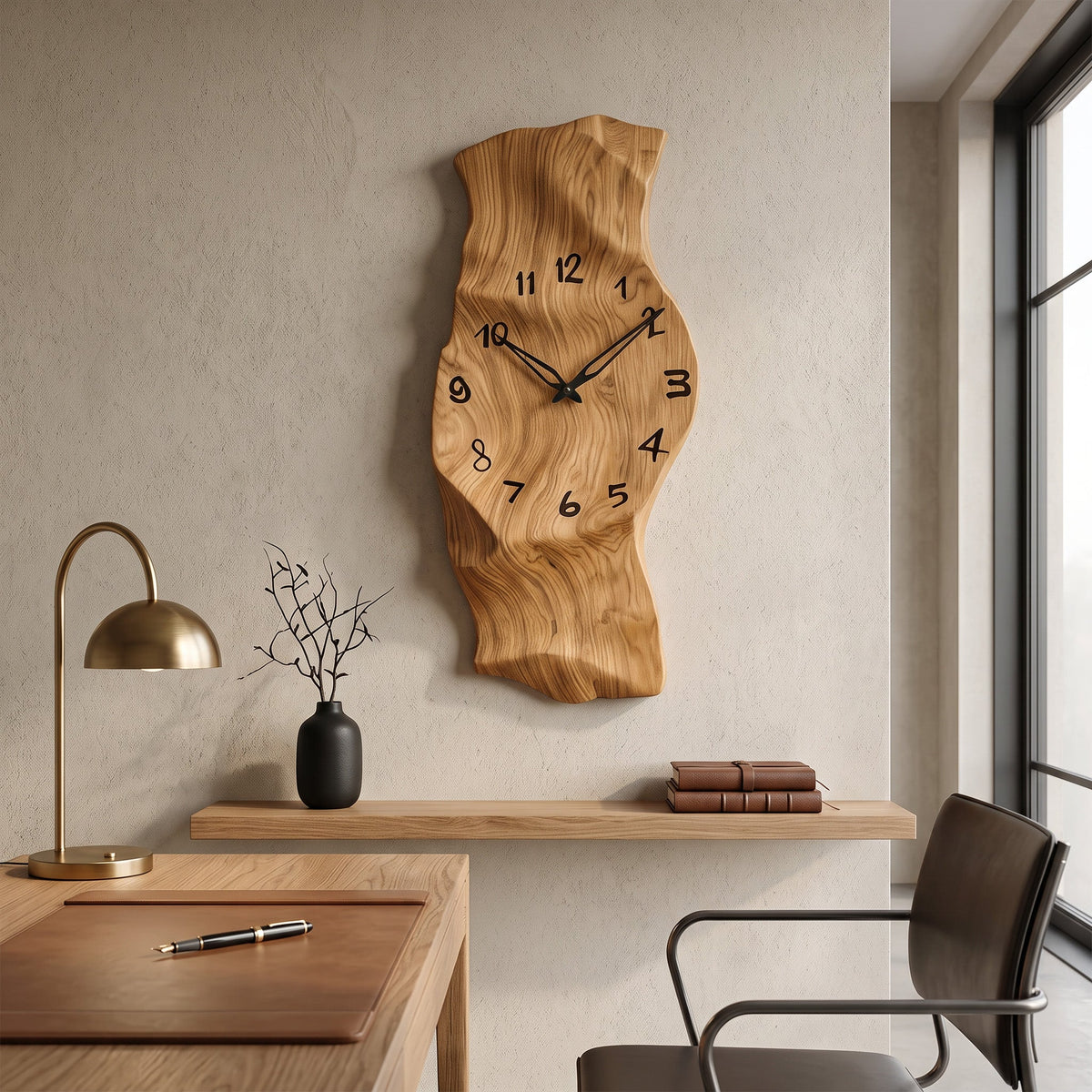 Vertical Solid Wood Sculptural Wall Clock with Organic Curves in Oak finish
