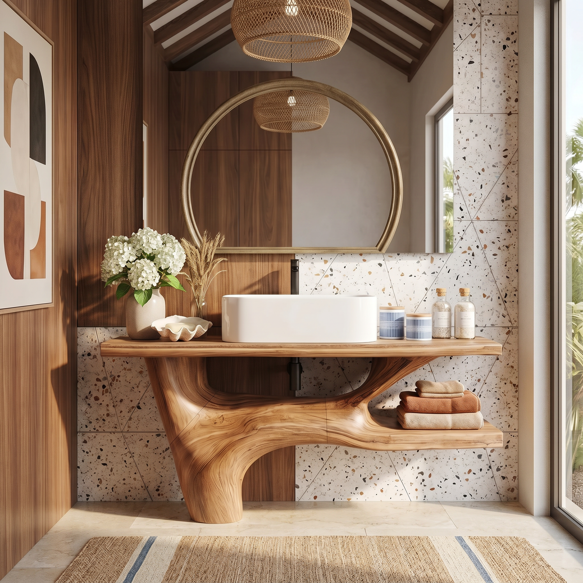 Handcrafted Solid Wood Bathroom Vanity in Natural Rustic Style in Oak finish
