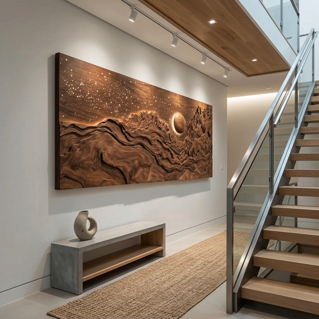 Hand-Carved Solid Wood Eclipse Wall Art with LED Backlight - view 5