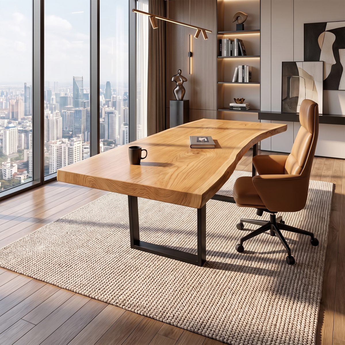 Monkey Pod Live Edge Desk with Mid-Century Base for Home Office in Oak finish