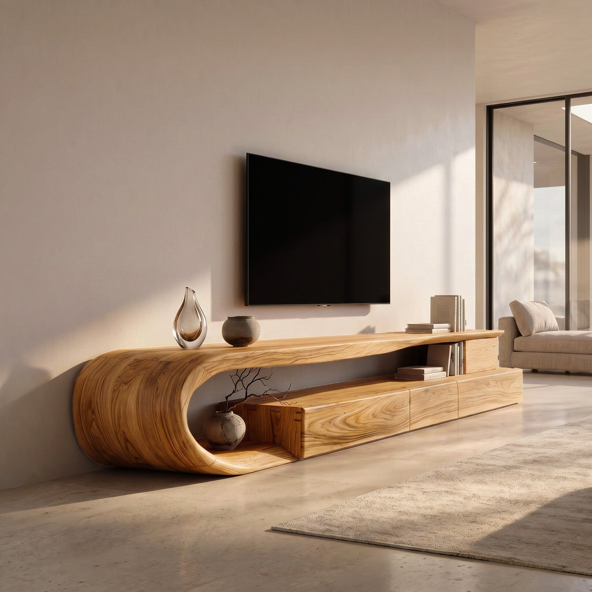 Modern Curved Solid Wood TV Console with Drawers and Open Shelf in Oak finish