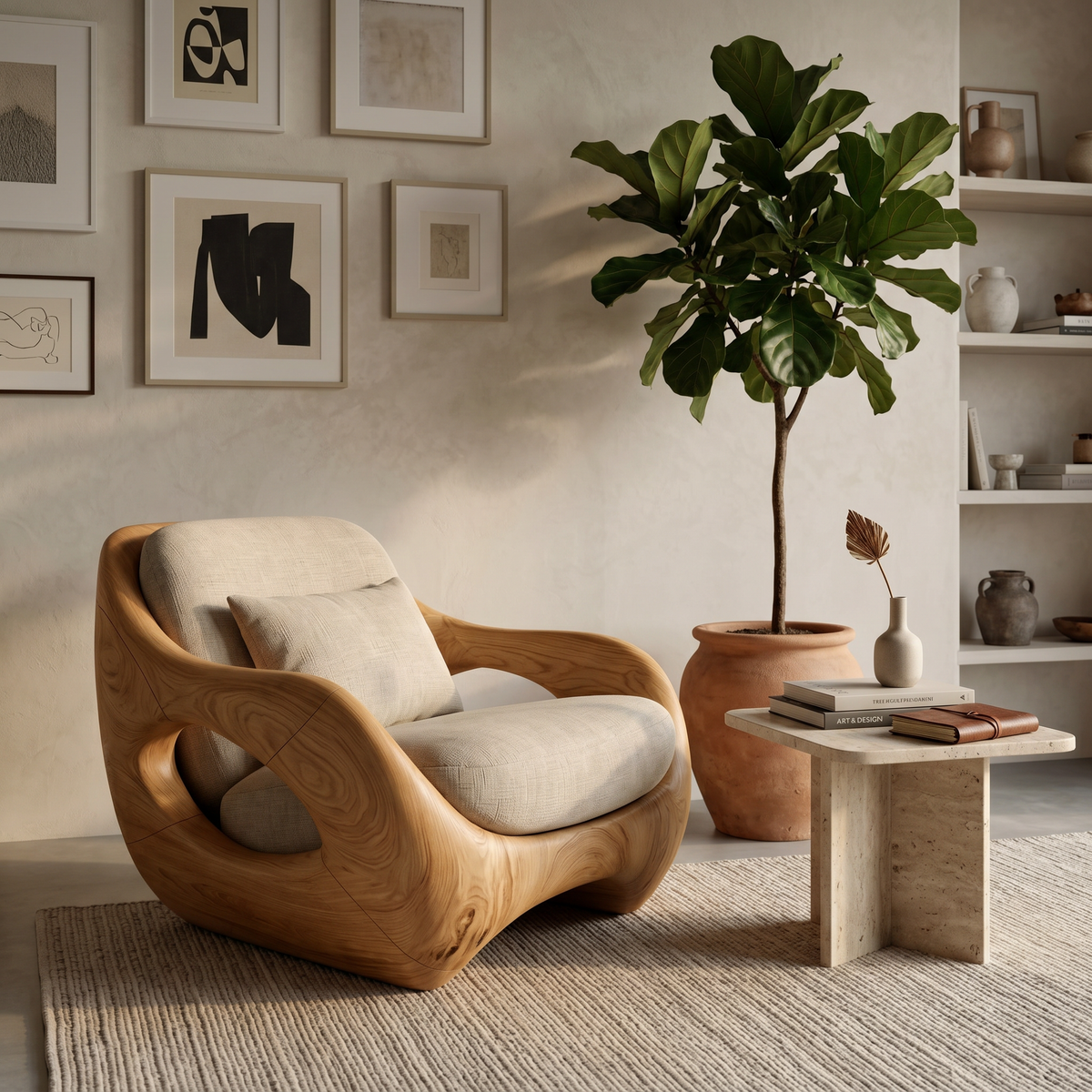 Carved Solid Wood Lounge Chair with Open Frame and Cushions in Oak finish