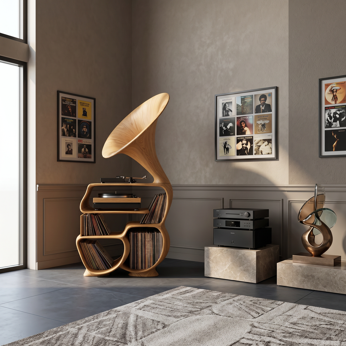 Tall Mid-Century Solid Wood Record Player Stand with Cube Profile in Oak finish