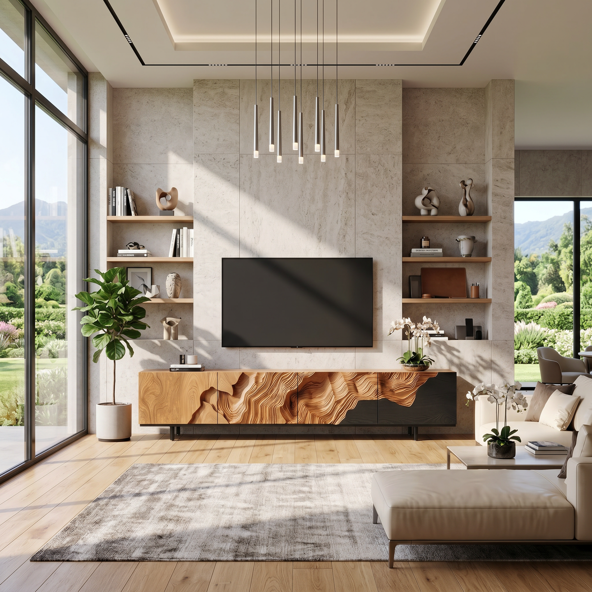 Rustic Solid Wood TV Console Stand with Open Shelving in Oak finish