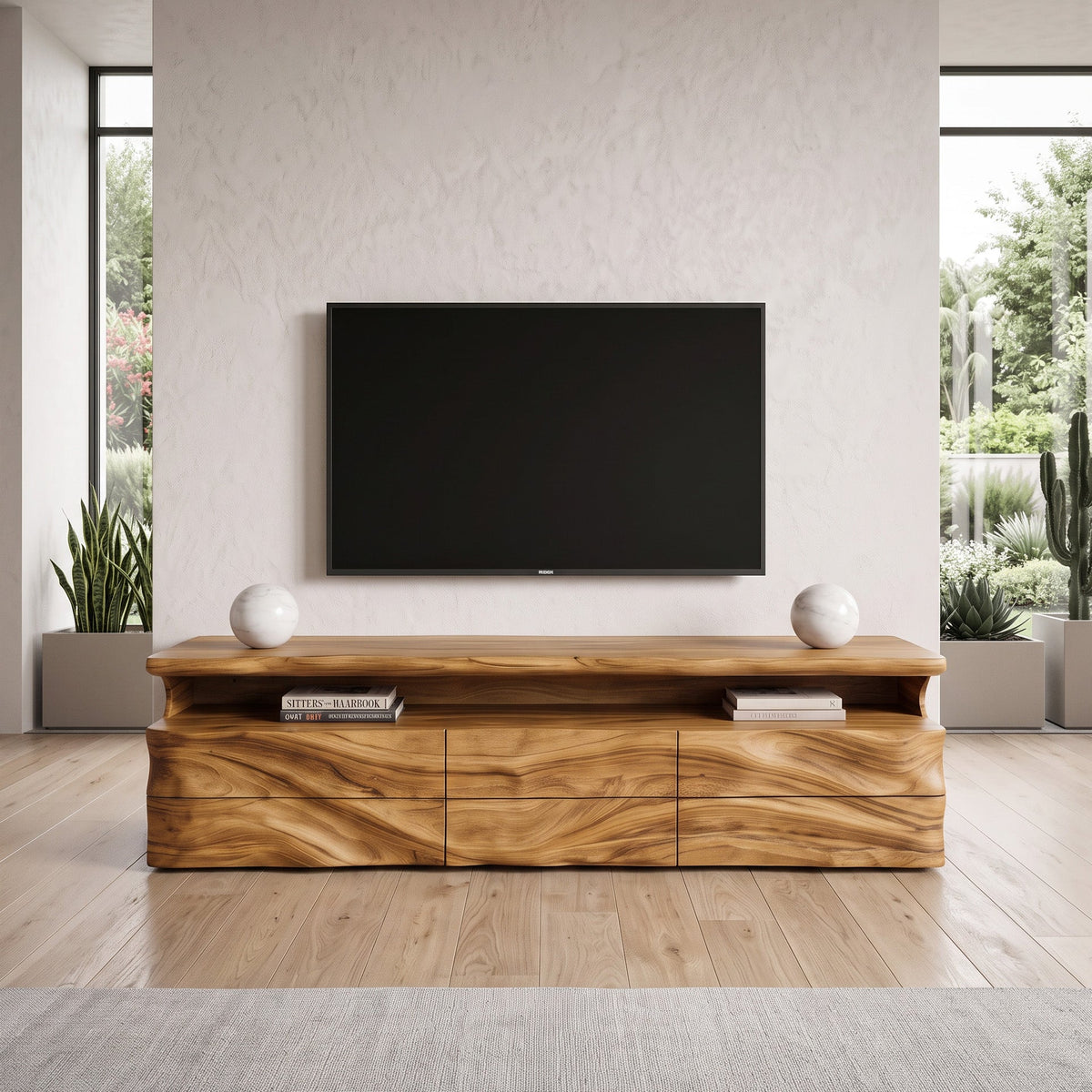 Sculptural Solid Wood TV Console with Shelf and Drawers in Oak finish