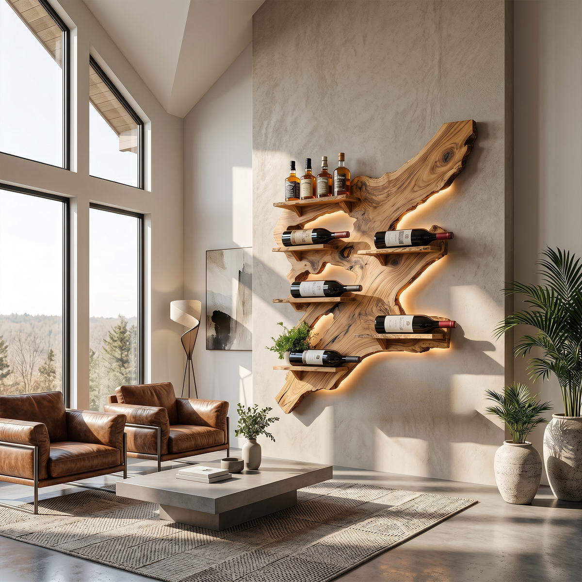 Rustic Monkey Pod Wood Wall Wine Rack for Home Bar in Oak finish