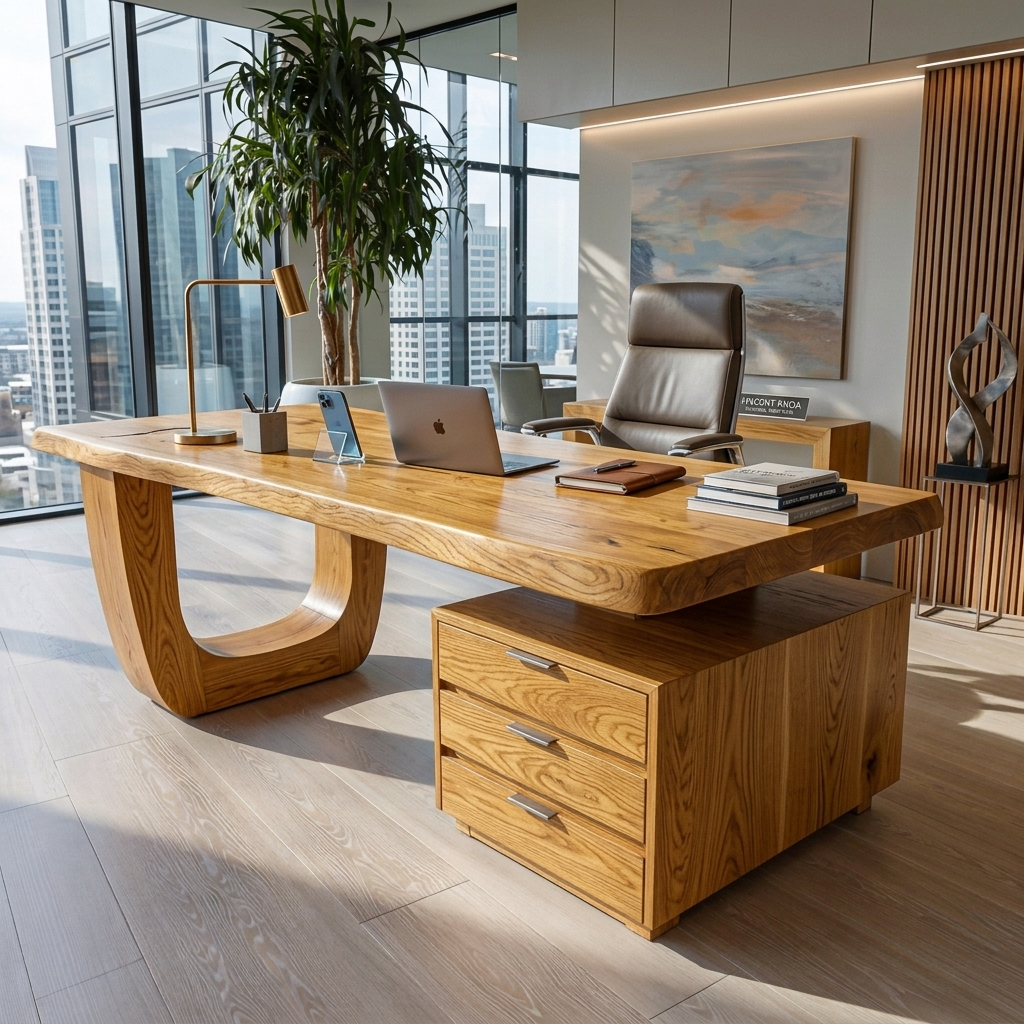 Minimalist Solid Wood Desk with Drawers and Curved Base in Oak finish
