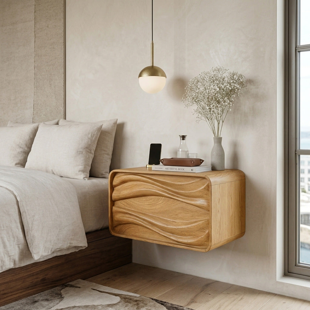 Floating Wall Mounted Nightstand with Carved Wave Drawer in Oak finish