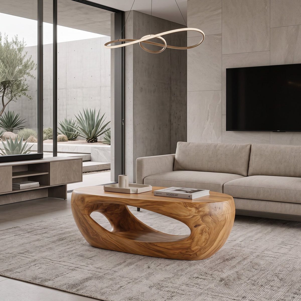 Mid-Century Sculptural Solid Wood Coffee Table with Hollow Cutouts in Oak finish