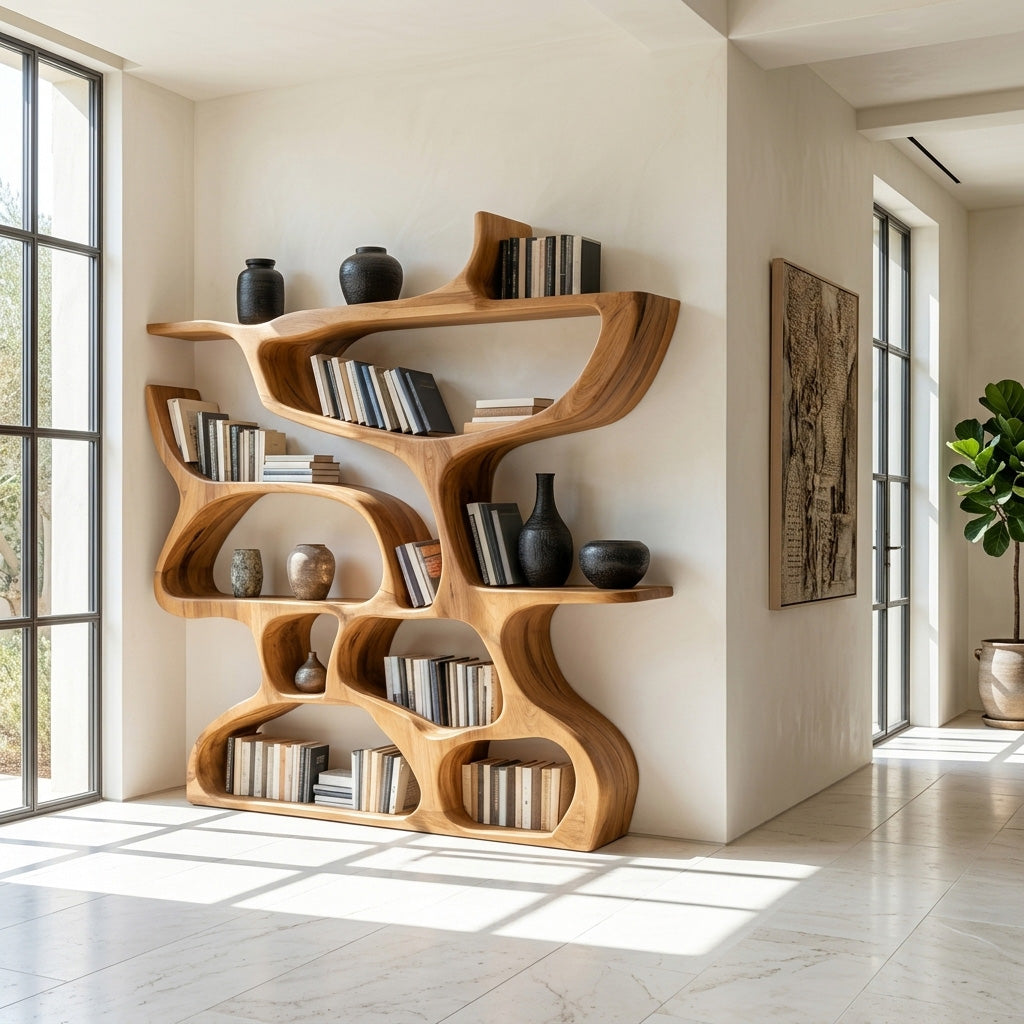 Organic Carved Solid Wood Bookshelf with Open Compartments in Oak finish