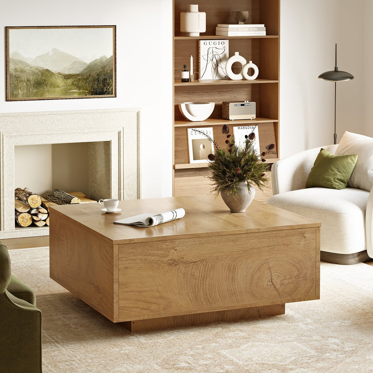 GUNAITO Lift Top Coffee Table with Storage, Square Coffee Table and Modern Farmhouse Center Table for Living Room, Natural wood color