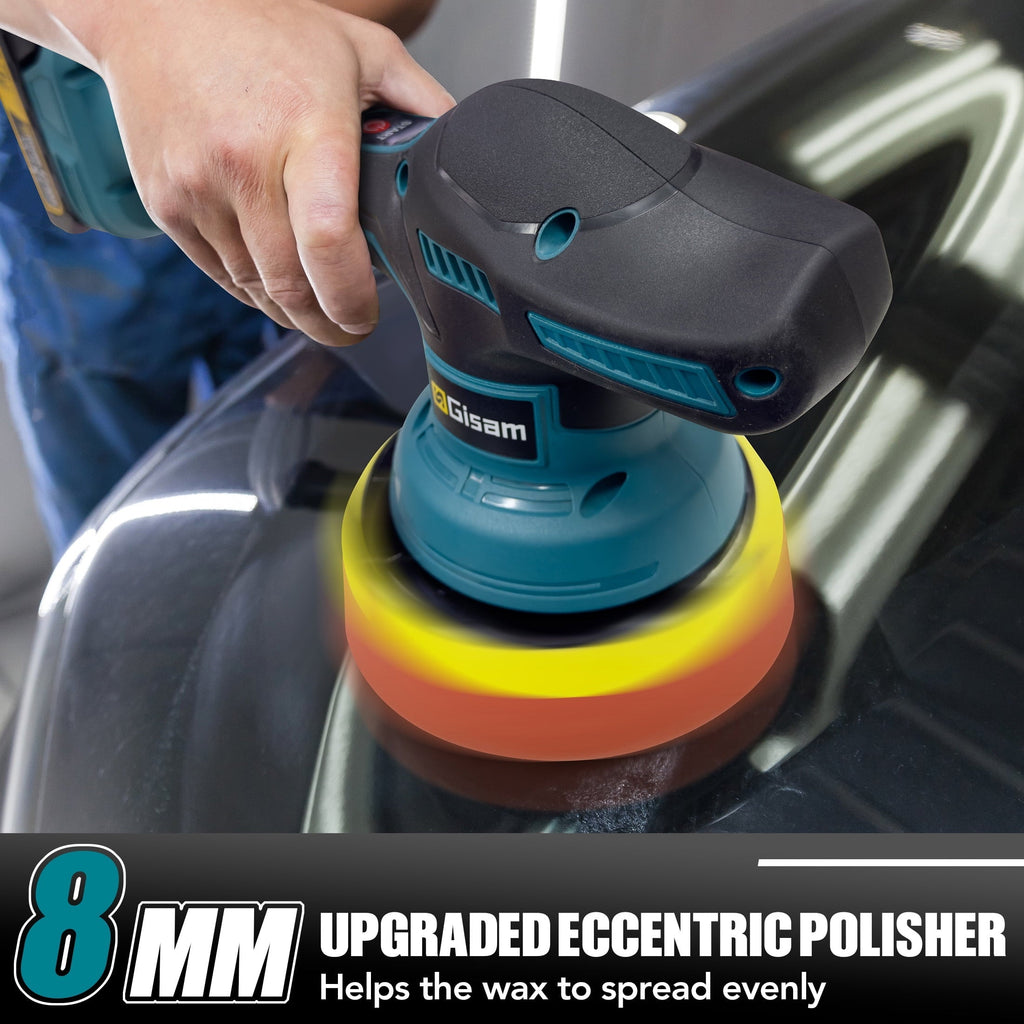 Gisam Cordless Car Buffer Polisher, 8 Variable Speed Auto Orbital Polishing Kit, with 2*21V 2.0Ah Battery for Car Wood