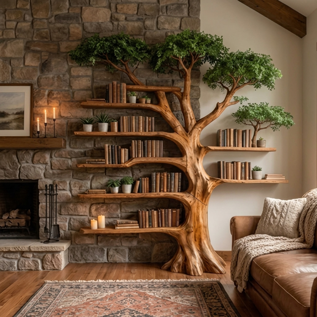 Solid Wood Tree Bookcase with Built-In Reading Bench - view 3