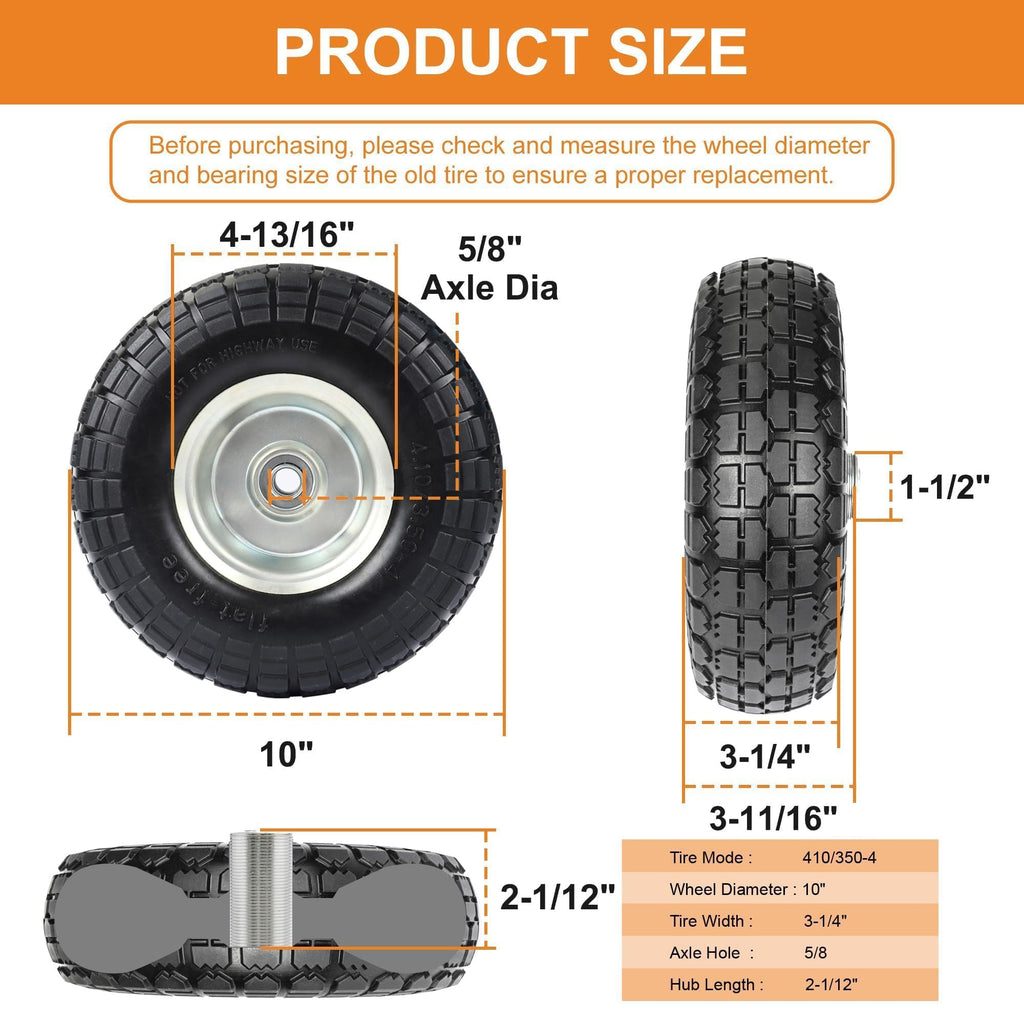 10" Solid Tires, 4.10/3.50-4 Tire and Wheel Flat Free, Gorilla Cart Tires Replacement, 4-Pack Solid Rubber Wheels with 5/8" Axle for Hand Trucks