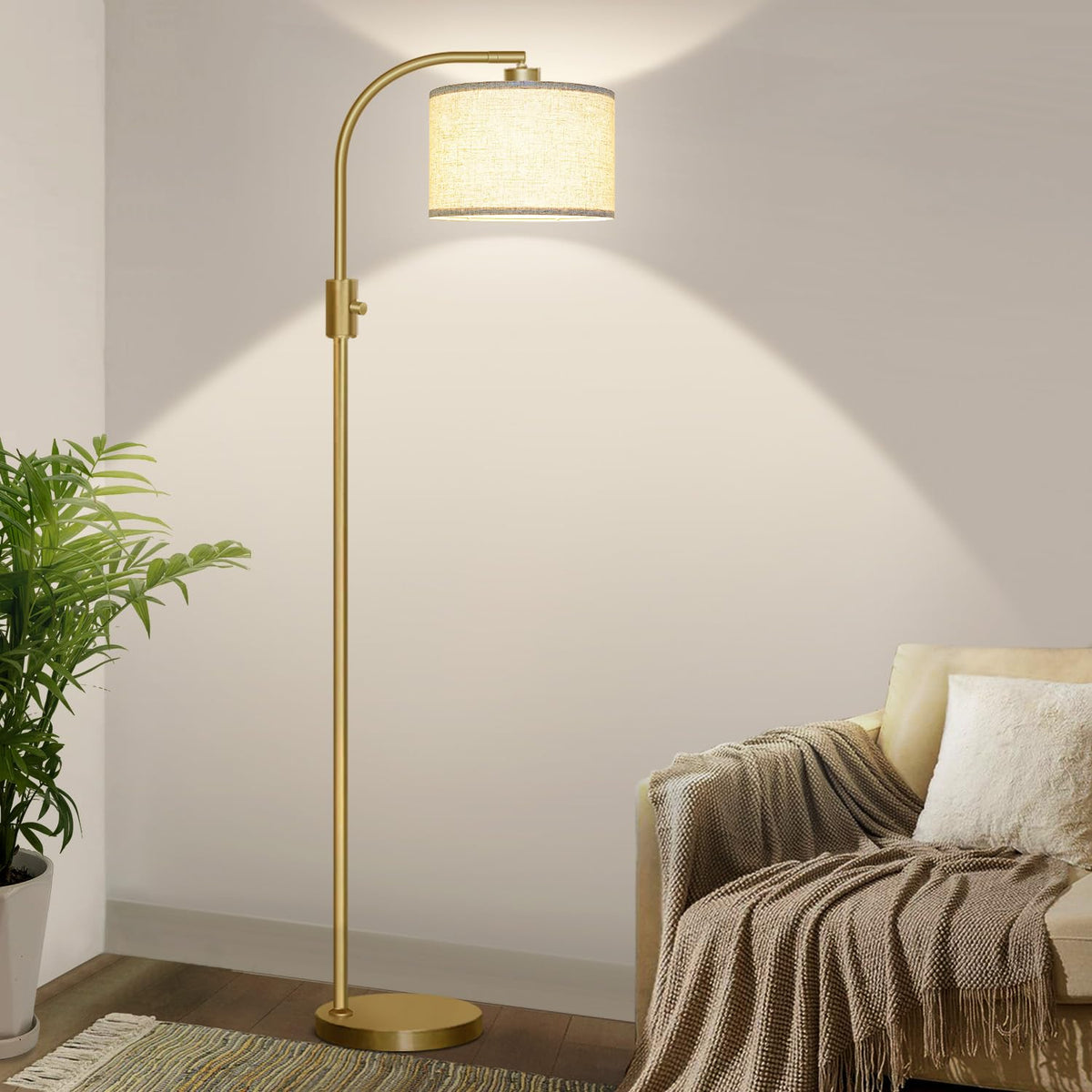 Upgraded Modern Arc Dimmable Tall Standing Floor Lamp with Linen Shade, 1200 Lumens LED Bulb Included, for Living & Reading Room, Bedroom, Office &