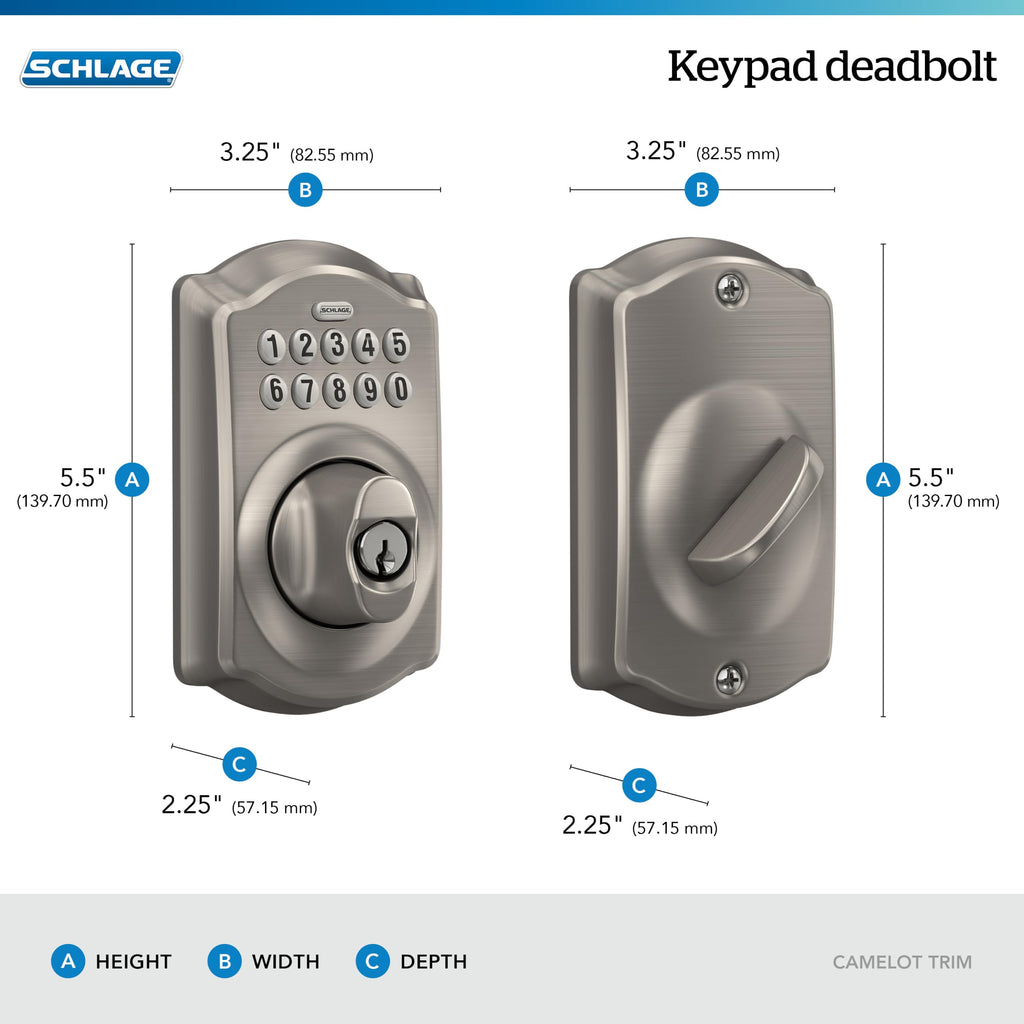 Schlage Electronic Keypad Deadbolt Lock, Camelot Trim, Satin Nickel