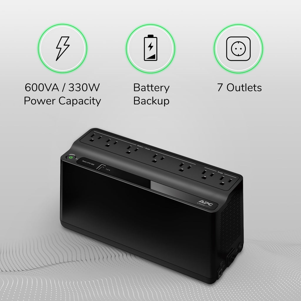 APC BE600M1 UPS Battery Backup & Surge Protector for Computer, Router, NAS