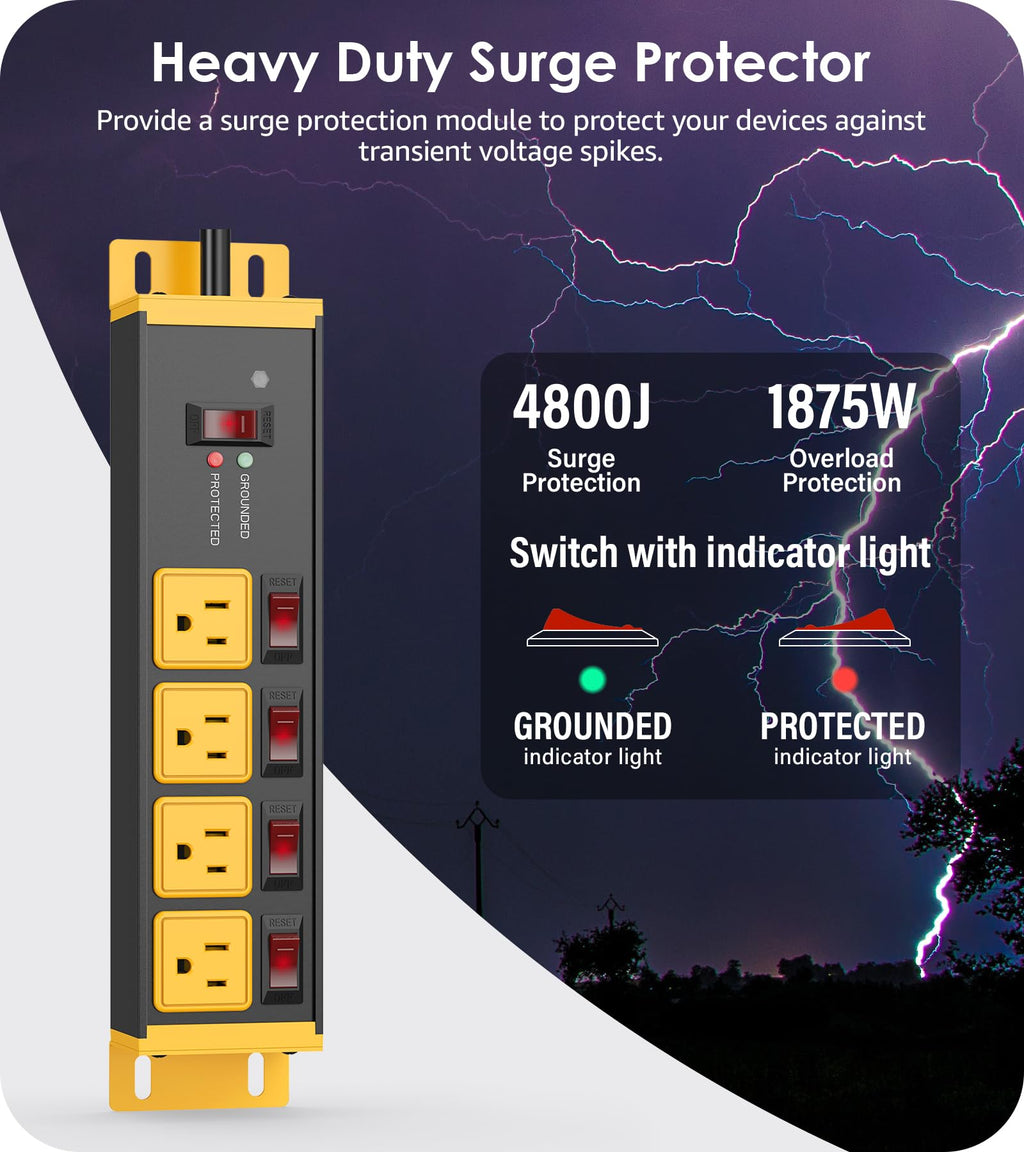 CCCEI 12 Gauge Heavy Duty Surge Protector, Yellow, 6FT, 1