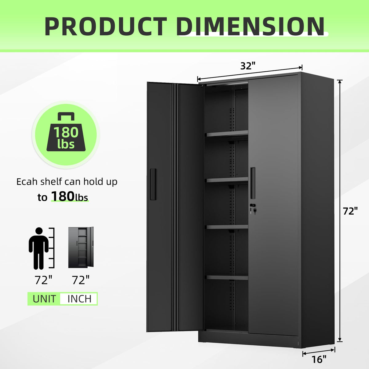 Black Metal Storage Cabinet, 72" Locking Steel Cabinets with 2 Door and 4 Adjustable Shelves, Tall Metal Cabinet for Home Office, Garage, Warehouse