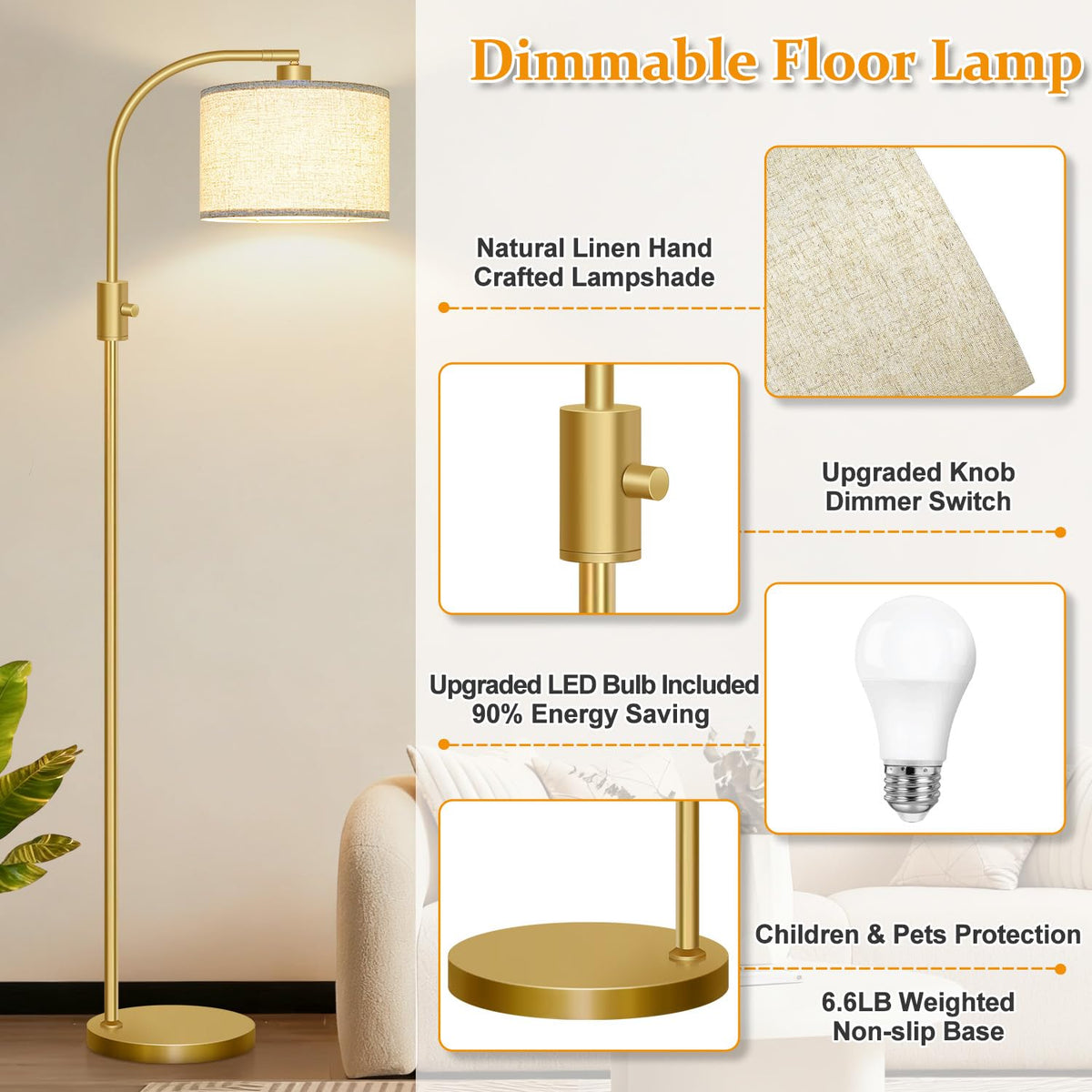 Upgraded Modern Arc Dimmable Tall Standing Floor Lamp with Linen Shade, 1200 Lumens LED Bulb Included, for Living & Reading Room, Bedroom, Office &