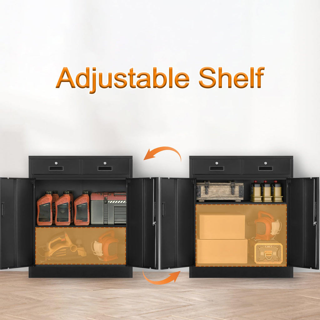 Metal Storage Cabinet, 36" H Locking Storage Cabinet with 2 Drawers and Adjustable Shelf, Metal Cabinets for Office, Garage, Home-Black