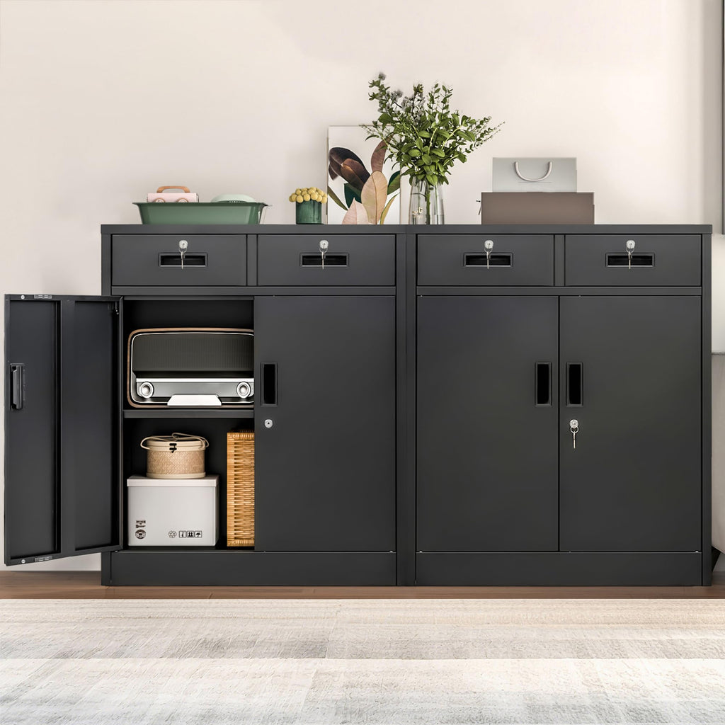 Metal Storage Cabinet, 36" H Locking Storage Cabinet with 2 Drawers and Adjustable Shelf, Metal Cabinets for Office, Garage, Home-Black