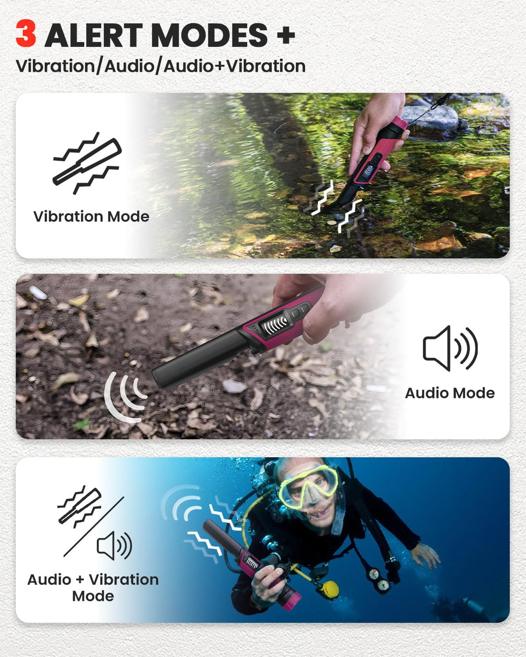 Metal Detector Pinpointer, IP68 Fully Waterproof Underwater Pinpointer Metal Detector with LCD Screen & LED Light 360° Accurate High-Sensitivity