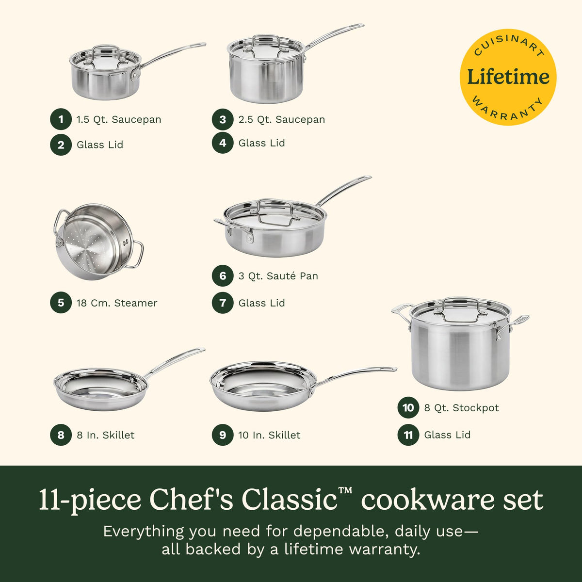 Cuisinart Chef's Classic 11-Piece Stainless Steel Cookware Set, 77-11G