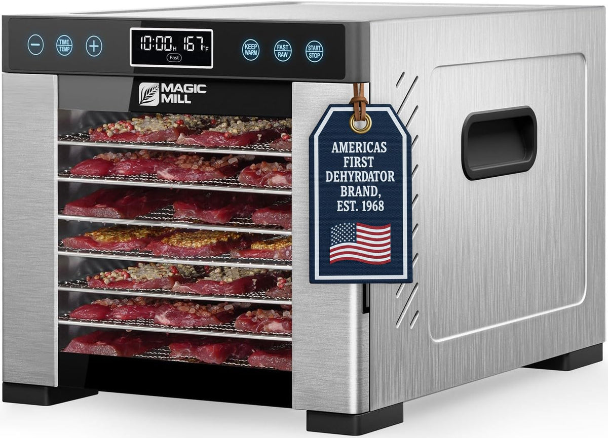 Magic Mill Pro Food Dehydrator Machine | Powerful 600W Rear Fan Even-Drying System | 7 Full-Size Stainless Steel Trays | 95°-176° Temperature Control