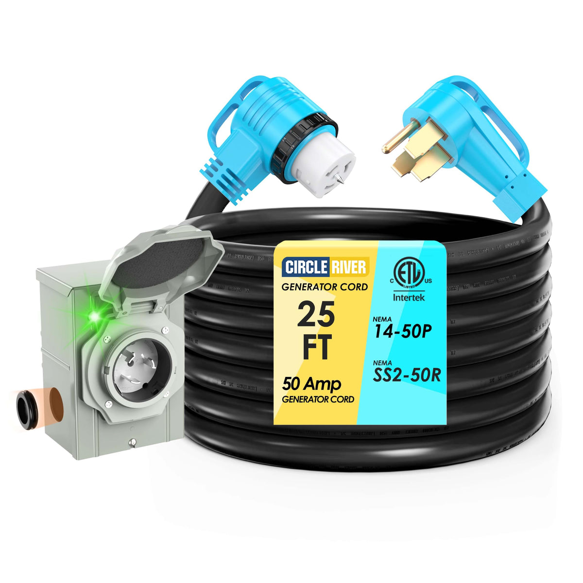 50 Amp 25 Feet Generator Cord and Power Inlet Box Combo Kit