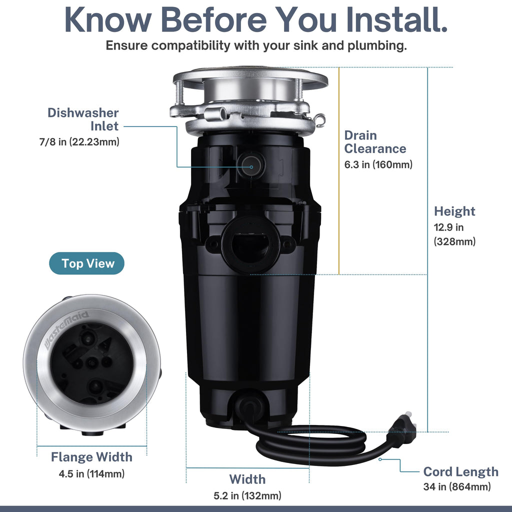 Waste Maid Garbage Disposal, Anti-Jam, Continuous Feed, 1/2 HP Economy