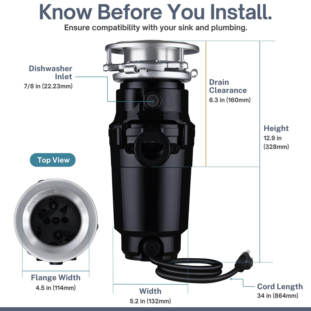 Waste Maid Garbage Disposal, Anti-Jam, Continuous Feed, 1/2 HP Economy