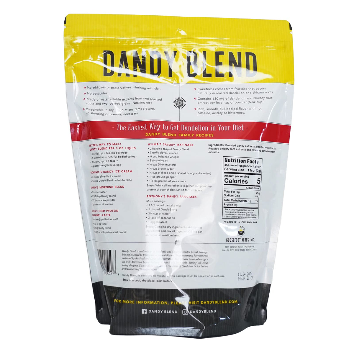 Dandy Blend Instant Herbal Beverage with Dandelion - 32 oz. (Two Pounds) 454 Cup Bag (908g)