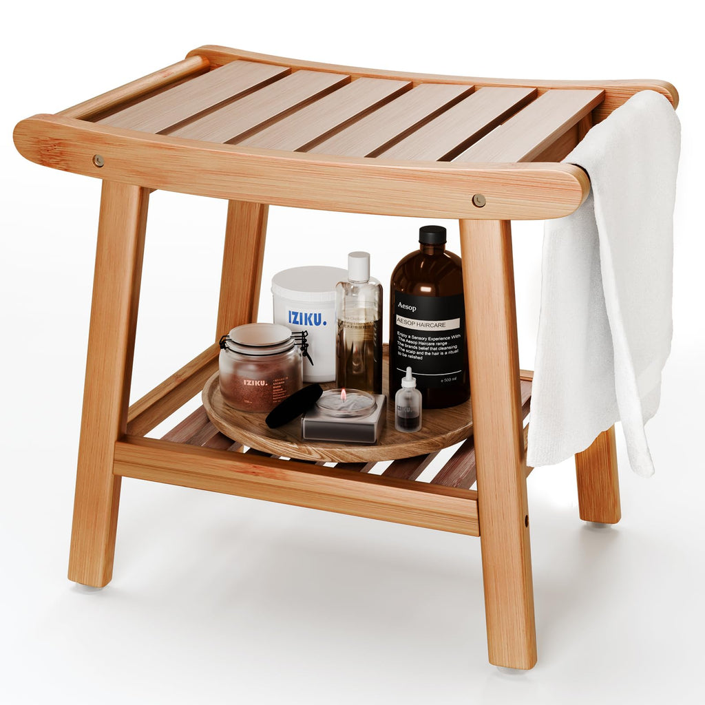 Bamboo Shower Stool Bench,Shower Chair for Inside Shower with Storage Shelf