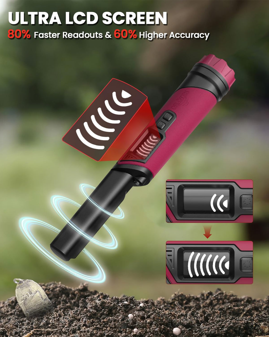 Metal Detector Pinpointer, IP68 Fully Waterproof Underwater Pinpointer Metal Detector with LCD Screen & LED Light 360° Accurate High-Sensitivity