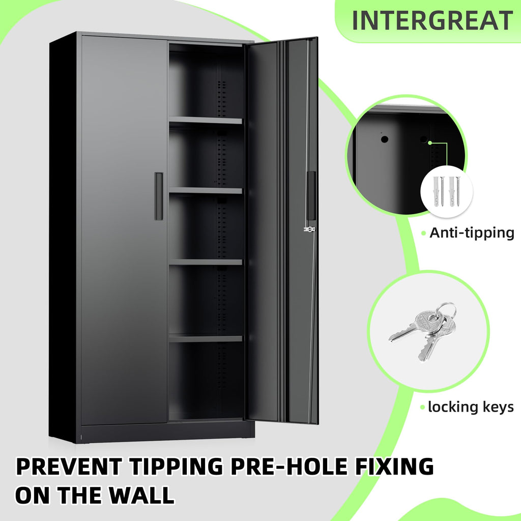 Black Metal Storage Cabinet, 72" Locking Steel Cabinets with 2 Door and 4 Adjustable Shelves, Tall Metal Cabinet for Home Office, Garage, Warehouse