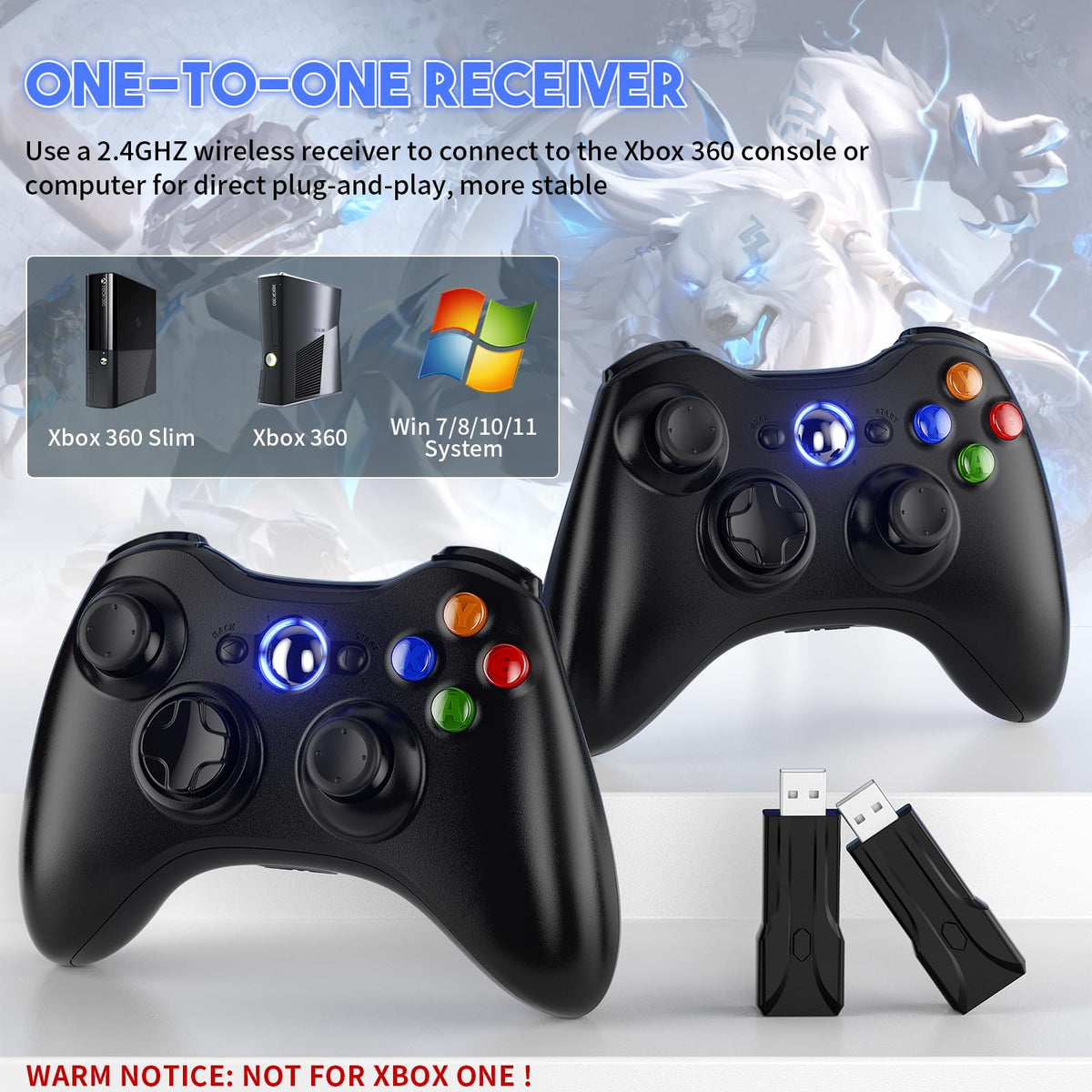 Gamrombo 2 Pack Replacement for Xbox 360 Controller, Wireless Controllers Gamepad Upgraded Joystick Compatible with 360 & Slim, Windows 11/10/8/7 PC