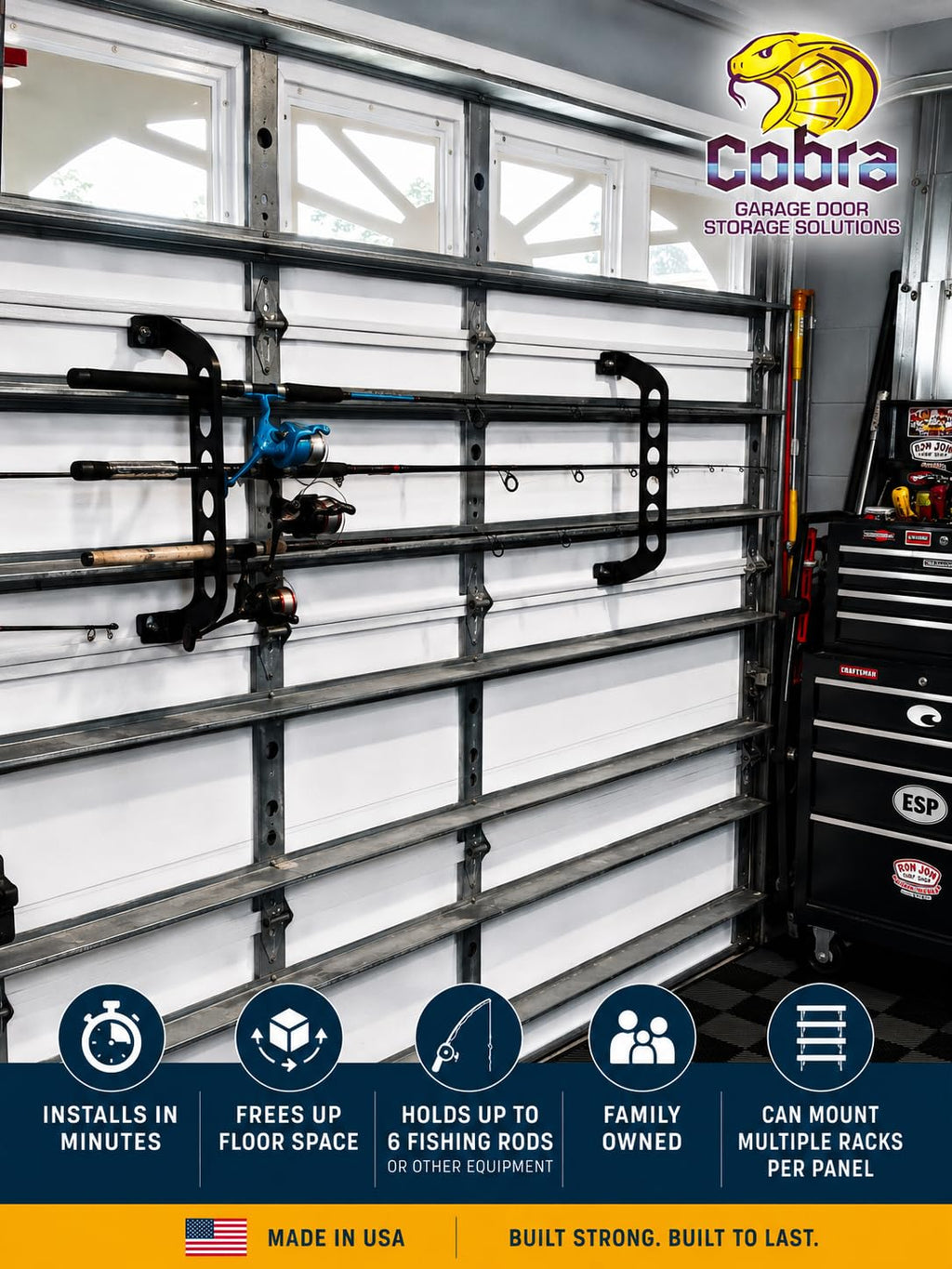 Cobra Storage Garage Door Storage Rack - 21" Black ABS Plastic Fishing Rod Holder - Ultimate Garage Organization for Fishing Gear and Equipment