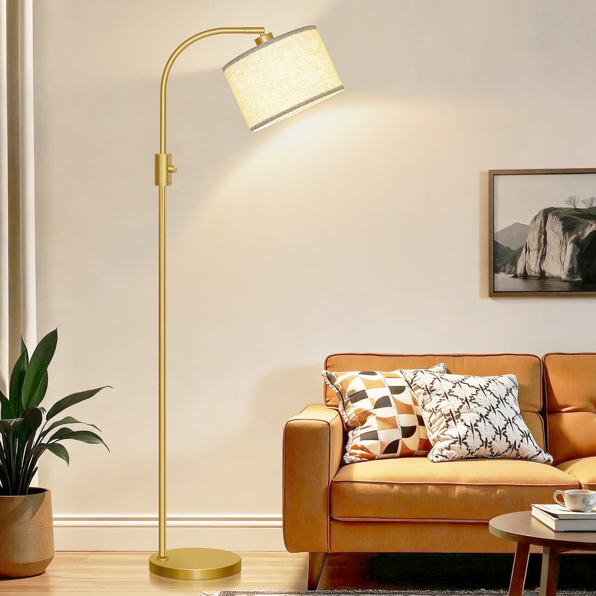 Upgraded Modern Arc Dimmable Tall Standing Floor Lamp with Linen Shade, 1200 Lumens LED Bulb Included, for Living & Reading Room, Bedroom, Office &