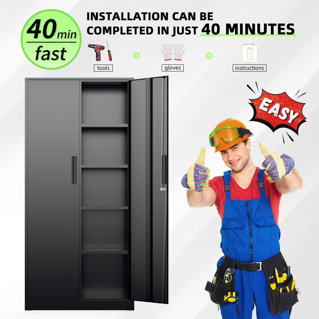 Black Metal Storage Cabinet, 72" Locking Steel Cabinets with 2 Door and 4 Adjustable Shelves, Tall Metal Cabinet for Home Office, Garage, Warehouse