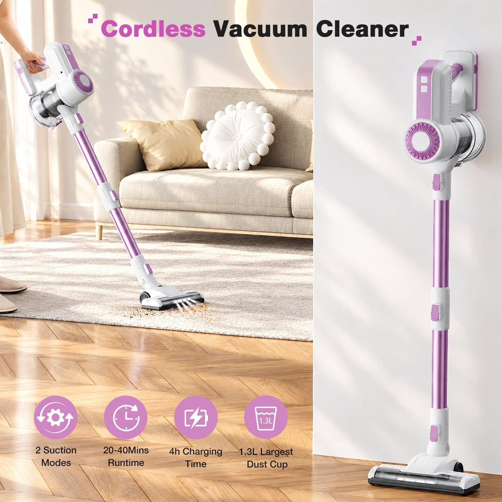 MOOSOO Stick Vacuum Cleaner, 6-in-1 Lightweight Cordless Vacuum for Hard Floor Carpet Pet Hair, L12 Pink