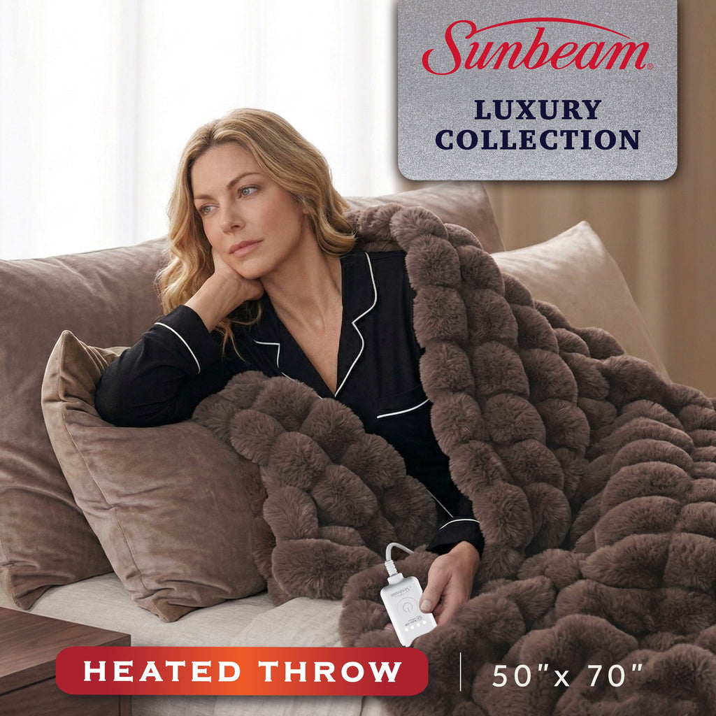 Sunbeam Heated Electric Bubble Faux Fur Throw Blanket, Luxury Collection, Brown, 4 Heat Settings, 50 x 70 in