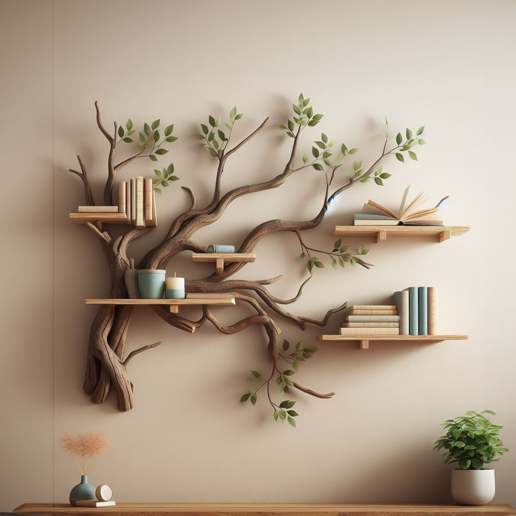Tree Branch Floating Bookcase with Decorative Leaves