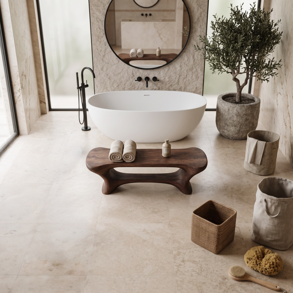 Sculpted Solid Wood Bathroom Bench with Center Shelf - view 2